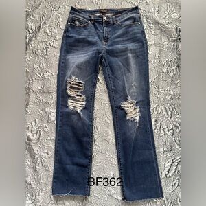 Judy Blue Distressed Straight Leg Jeans - Dark Blue